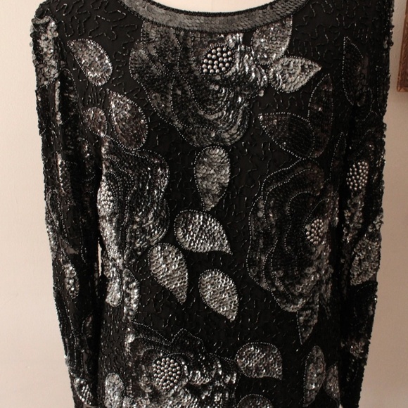 1980's Oleg Cassini Black and Silver Beaded Long Sleeve Blouse - Picture 2 of 6